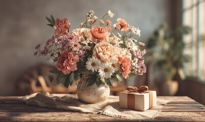 Elegant floral arrangement with gift box on rustic wooden table in bright interior