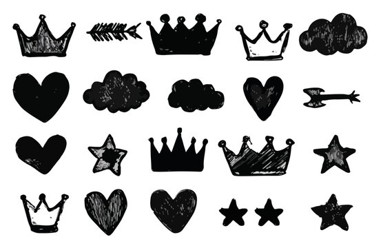 Zestaw ręcznie rysowanych czarnych symboli: korony, serca, chmury i gwiazdy na białym tle.