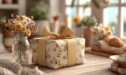 Decorative Gift Box with Floral Design on Table Surrounded by Flowers and Snacks