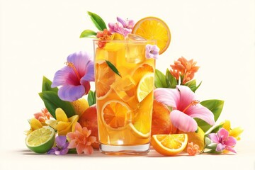 Refreshing Citrus Drink with Tropical Flowers and Fruit Garnish Display