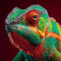 Fototapeta premium Colorful chameleon sitting on branch in natural habitat under bright light during the day