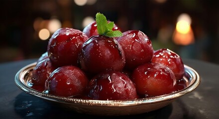 Sweet, syrupy dessert balls topped with fresh mint, served in an elegant dish.