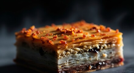 Delicious layered pastry dessert with nuts and syrup, a sweet treat.