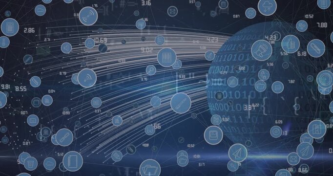 Animation of network of connections with icons over globe
