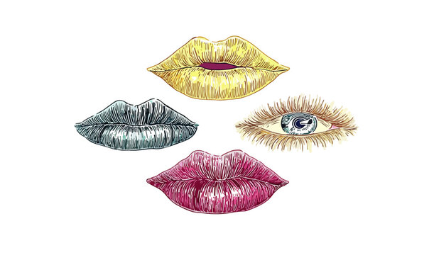 Zestaw ręcznie rysowanych ust w kolorach złota, srebra i r&oacute;żu oraz pojedyncze oko na białym tle.