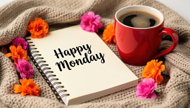 Happy Monday Morning Delight: A vibrant Happy Monday notebook is surrounded by colorful blossoms and a steaming mug of coffee on a cozy knit blanket.