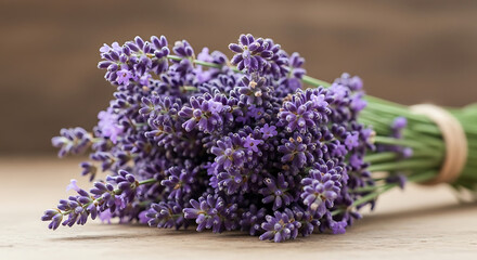 Fototapeta premium A Rustic Bundle of Fresh Lavender Flowers Tied with a String on a Wooden Surface