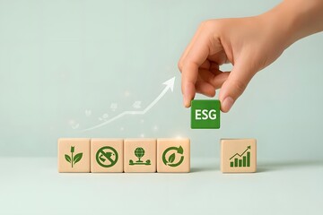 Hand stacking ESG cubes with increasing growth graph and icons