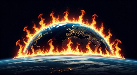 Planet Earth ablaze with fire, symbolizing global warming and environmental crisis.