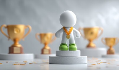 Winning Character Figure on Podium with Gold Medal Surrounded by Trophies