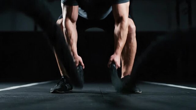 Athlete preparing for jump with bent knees and hands on shoes in a dark gym setting, low angle view