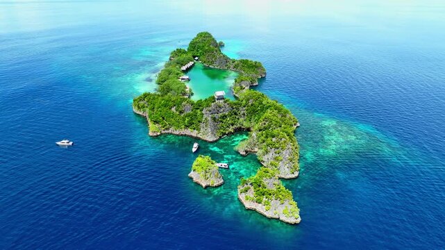 Aerial top view of landscape scene with Raja Ampat Islands, Indonesian archipelago, West Papua, Indonesia