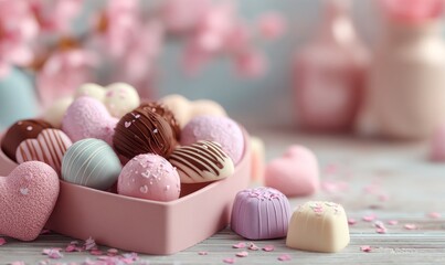 Assorted Pink Chocolate Candies in Heart Shapes with Blossoms and Soft Background