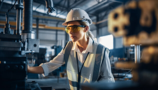 Female engineer inspecting industrial machine, manufacturing quality assurance concept