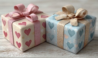 Colorful Gift Boxes with Heart Patterns on Wooden Background for Celebrations