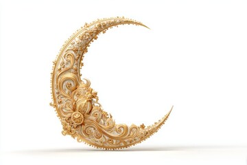 Ornate Decorative Crescent Moon with Intricate Gold and Silver Design on White Background