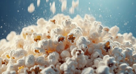 Freshly popped popcorn showering down, creating a delightful, airy texture in a close-up view.