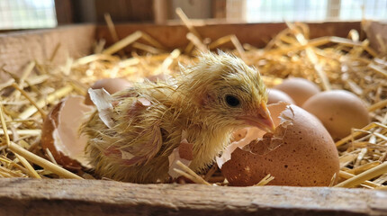 Newly hatched chick breaking free from eggshells in wooden nest  