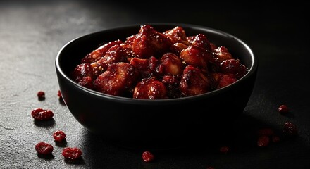 Deliciously glazed berries in a dark bowl, a vibrant and tempting treat