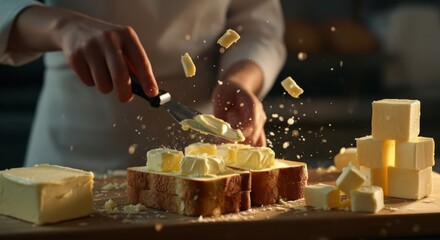 Chef expertly spreading creamy butter onto fresh bread, creating delicious culinary art