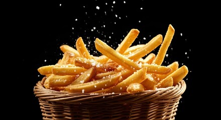 Crispy golden french fries generously sprinkled with salt in a rustic basket
