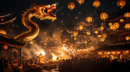 Fototapeta premium Vibrant night festival features a majestic golden dragon, glowing lanterns, enthusiastic crowds celebrating rich cultural traditions amid ancient architecture