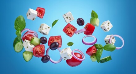 Fresh ingredients for a vibrant Greek salad floating in the air against a bright blue background.
