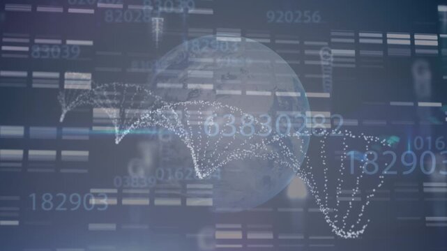 Animation of dna stricture spinning and mosaic squares over spinning globe against blue background