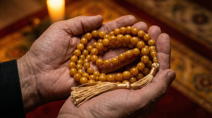 Adult hands holding prayer beads with a flickering candle nearby, concept of Ramadan  