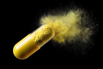 Yellow capsule bursting with fine powder against a black background