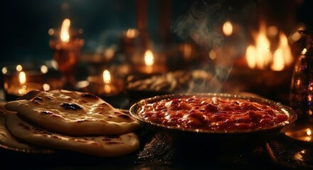 Steaming hot, flavorful curry served with fresh naan bread in a warm, ambient setting