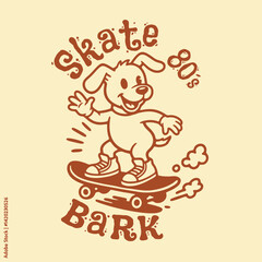 Fototapeta premium Cute cartoon dog skateboarding in 80s style.