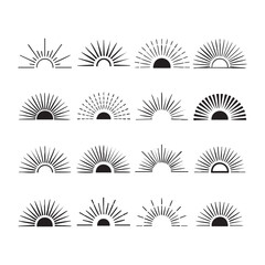 Collection of 16 black and white sunburst on white background sunrise sunset rays
