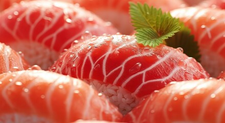 Delicious salmon nigiri sushi close-up with fresh mint garnish