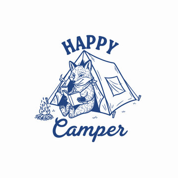 Happy Camper Fox Reading Book by Campfire in Tent.