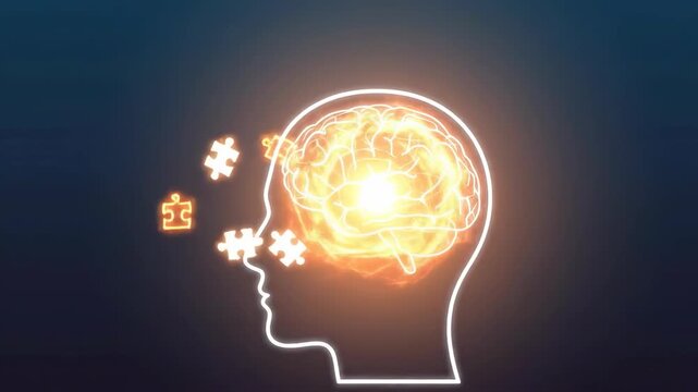 The image depicts a human head outline with a glowing brain inside. Puzzle pieces are being beamed towards the brain, suggesting problem-solving or knowledge acquisition.