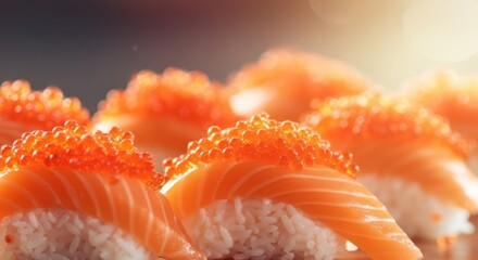 Delicious salmon nigiri sushi with vibrant orange roe, artfully arranged and bathed in soft light.