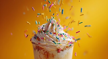 Whipped cream dessert topped with colorful sprinkles exploding in mid-air against a vibrant yellow background.