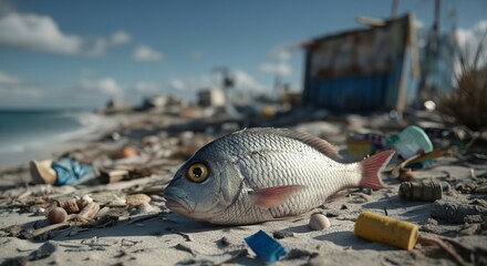 A solitary fish lies on a polluted beach, surrounded by plastic waste and debris, highlighting environmental damage.