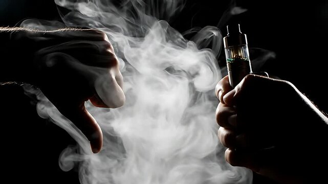 Dramatic contrast between a hand giving a thumbs down gesture and another tightly gripping a modern electronic vape device amidst thick white vapor clouds illuminated by backlighting.