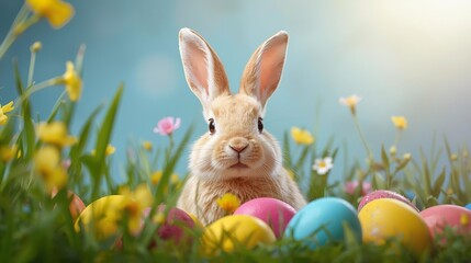 Cute fluffy rabbit sitting among vibrant Easter eggs in wildflower field with yellow blooms and soft blue sky. Perfect for Easter 2026 greeting cards, spring celebration designs, holiday banners.