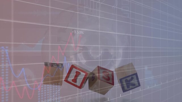 Animation of wooden blocks with risk text over multiple graphs, grid pattern, circle and globe