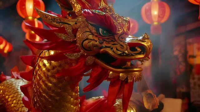 Cinematic close-up of a majestic golden dragon dance, red silk and gold scales shimmering under festive lanterns, firecracker smoke swirling, 8k.