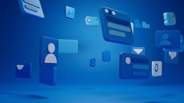 Floating social media icons and user profiles in a blue 3D environment with a futuristic viewpoint, Proyek Baru reference