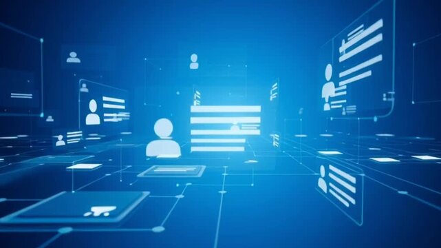 Futuristic digital landscape with network interface and data visualization elements in a dark blue environment from a frontal viewpoint Proyek Baru