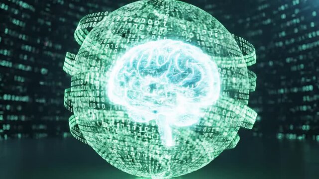 Digital consciousness evolving brain with binary code data stream abstract background