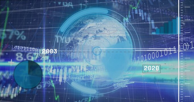 Animation of unk text binary code over icons and data processing on black background