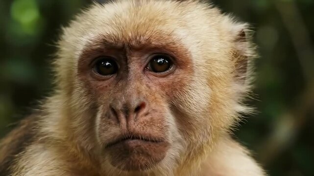 The image shows a close-up of a monkey's face. The monkey has light brown fur and appears to be looking upwards with a slightly surprised expression.
