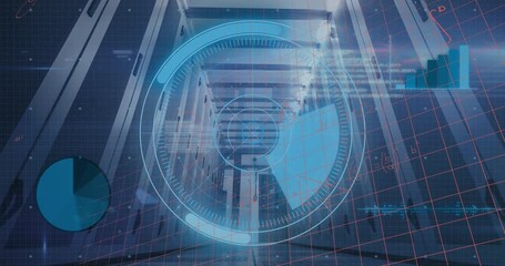 Animation of round scanner, mathematical equations and data processing against computer server room - Powered by Adobe