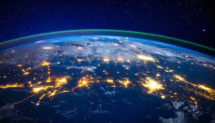 Obraz premium Night view of Earth with glowing cities, green horizon, and starry sky from space.